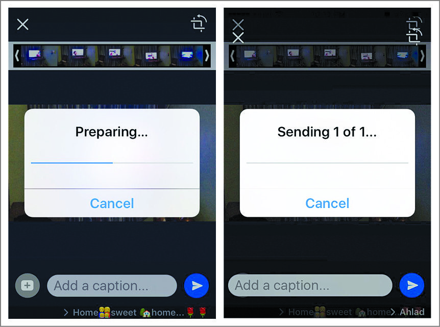 Compression process in mobile using WhatsApp software: (a) Application in preparing mode, (b) Application in sending mode