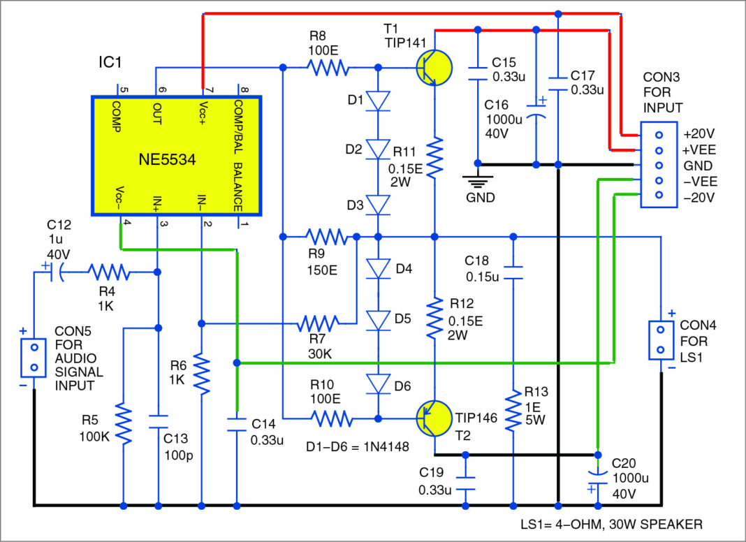 30W Audio Amplifier Using NE5534 & Darlington Transistors