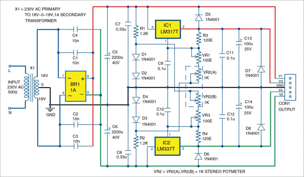 Circuit of the bipolar power supply with adjustable regulators