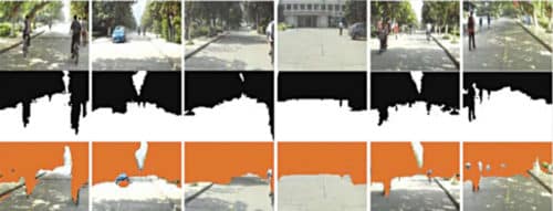 Obstacle detection test results: Input images (top), ground truths with black as positive (middle) and detected obstacles with orange as positive (bottom)