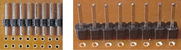 Two views of header pins aligned perfectly with the PCB holes