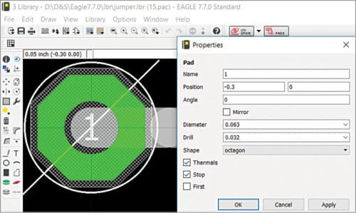 Eagle default pad size and shape for jumper diameter of 1.6mm (0.063 inch) and drill size of 0.8mm (0.032 inch)