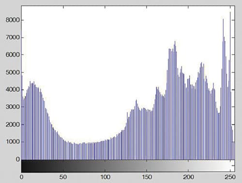 Histogram of image Penguins_grey.jpg generated using the imhist function