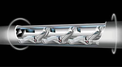 An artist's rendition of passengers riding a Hyperloop Transport capsule