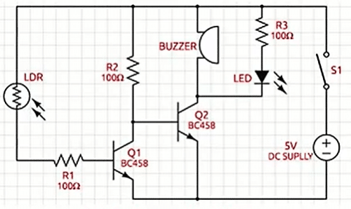 Fig. 3: Schematic Circuit diagram of the laser light security alarm system