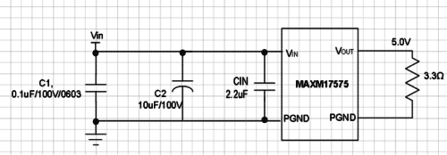 Fig. 16: MAXM17575 EVKIT EMI filter configuration for radiated EMI test (redraw?)