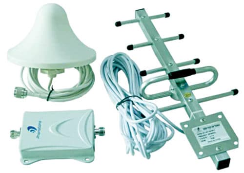 A network signal boosters set with external and internal antennas, amplifier and cables