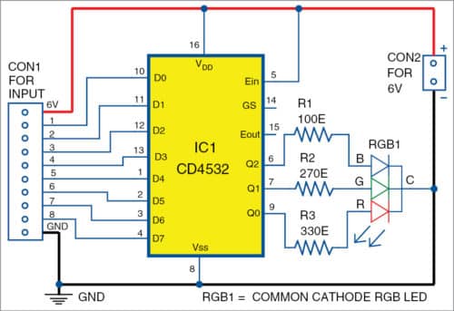 Circuit diagram of multiple status indicator using a single RGB LED