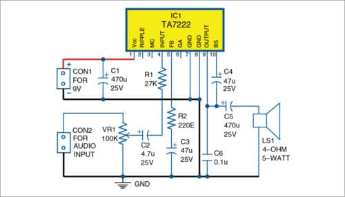 Circuit diagram of 5-watt mono audio amplifier using IC TA7222