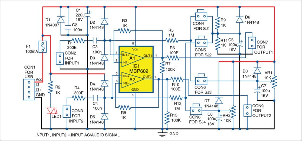 Circuit diagram of dual audio level shifter and buffer