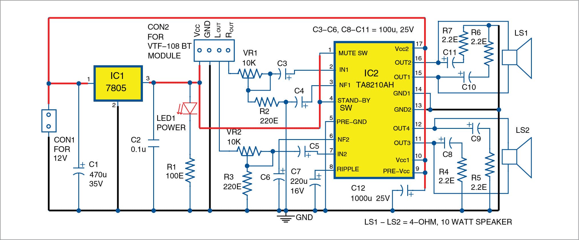 Two-Channel Wireless Audio Amplifier Using Bluetooth and TA8210AH