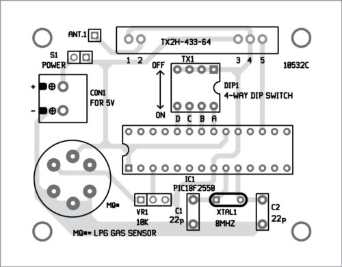 Component layout for the PCB layout of wireless gas detection circuit
