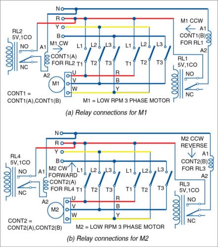 Motor connections with contactors and relays 
