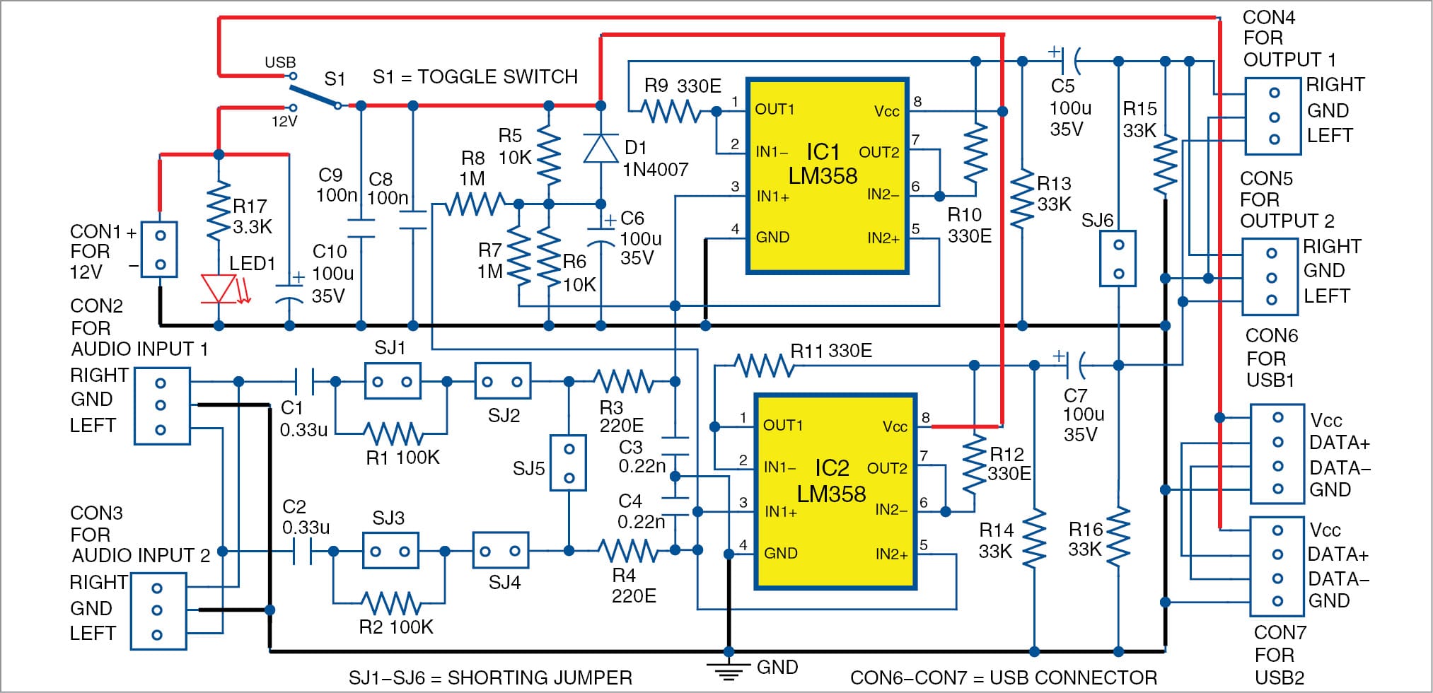Circuit diagram of configurable audio buffer for headphones