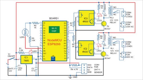 Circuit diagram of ESP8266-based home automation system