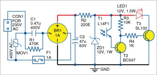 Circuit diagram of low-cost ambient-light-controlled LED Night Lamp