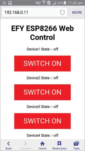 Control panel showing device status
