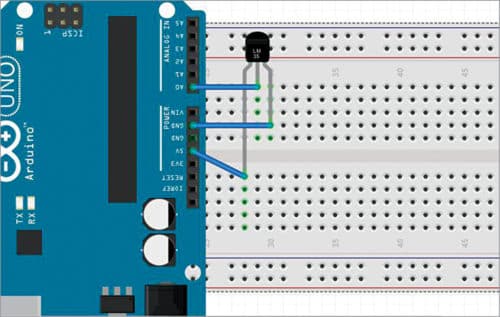Circuit connections of LM35 with Arduino Uno (Monitor Temperature With Voice Alerts)