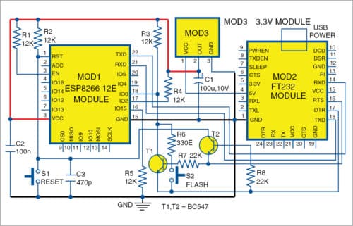 Circuit diagram of the automatic ESP8266-12E/F Module Programmer