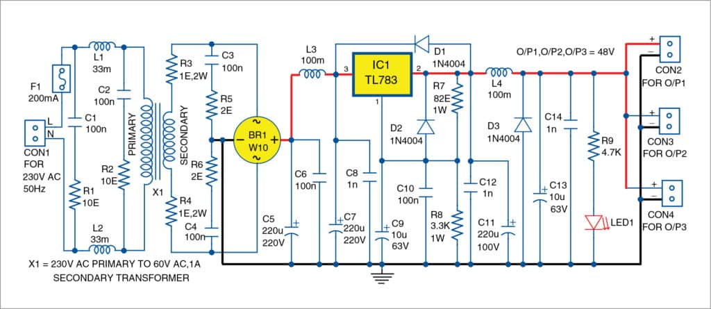 Fig. 1: Circuit diagram of the 48V regulated power supply