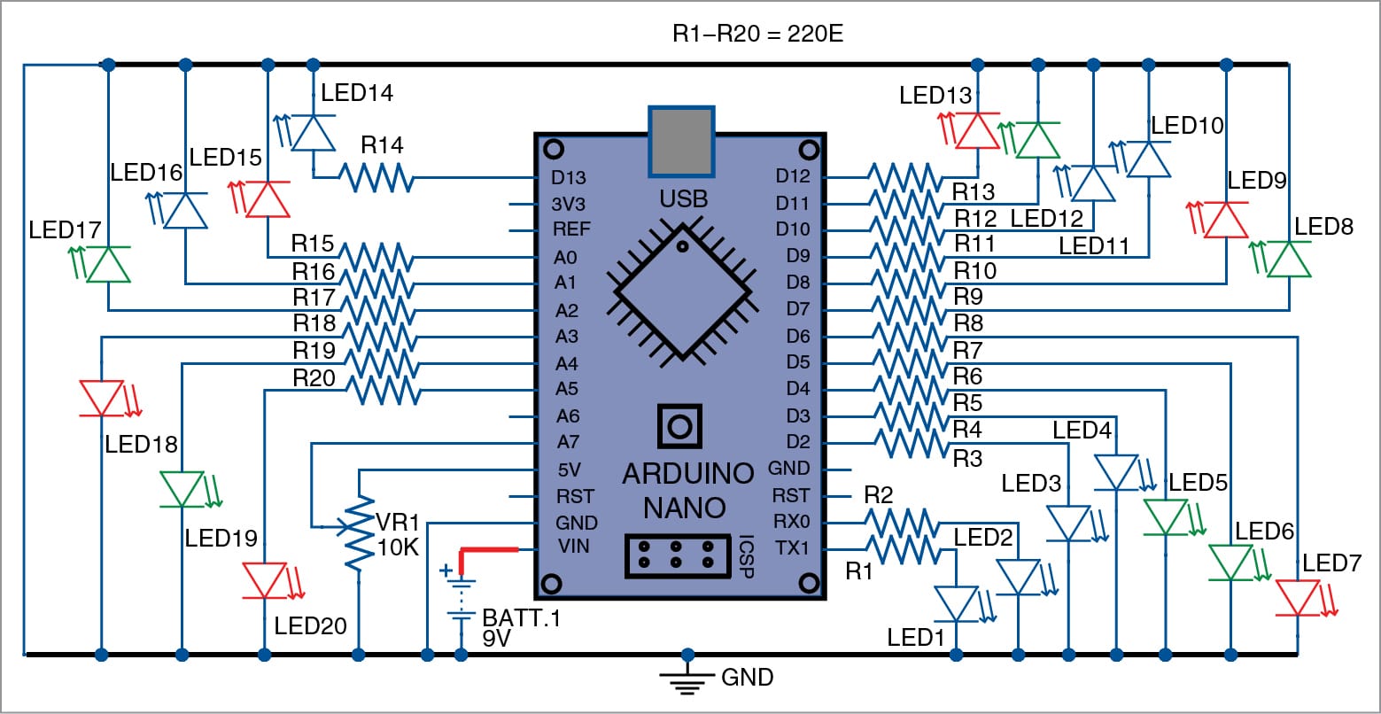 Fig. 1: Circuit diagram of the LED flasher using Arduino