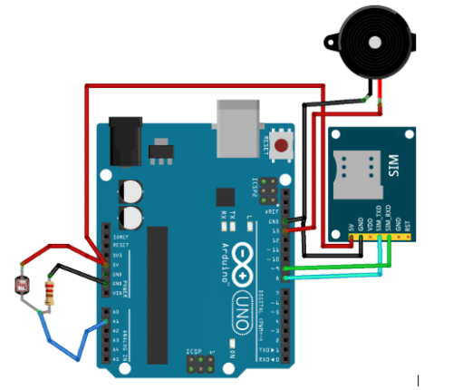 LDR+GSM Based Security System Connection diagram created in Fritzing