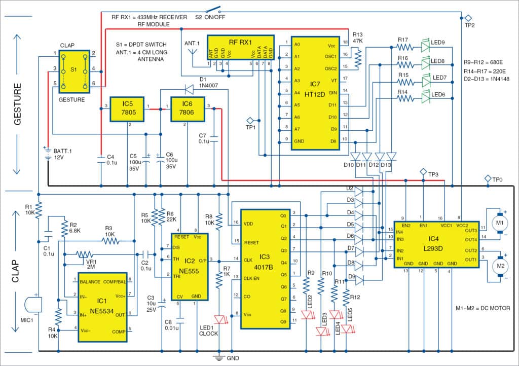 Circuit diagram of the gesture and Clap controlled Robot receiver unit