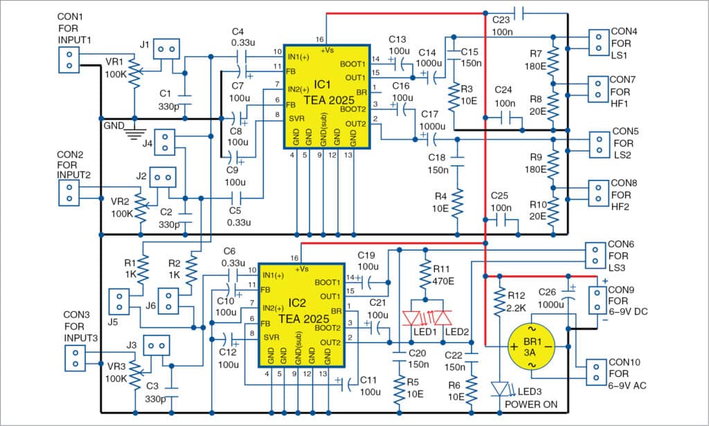 Circuit diagram for Three-Channel Audio Amplifier