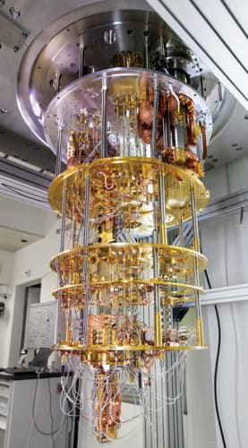 Quantum computer based on superconducting qubits developed by IBM Research in Zürich, Switzerland. The qubits in the device shown here will be cooled to under 1 kelvin using a dilution refrigerator (Credit: en.wikipedia.org)