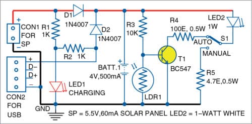 Circuit diagram of portable solar lantern