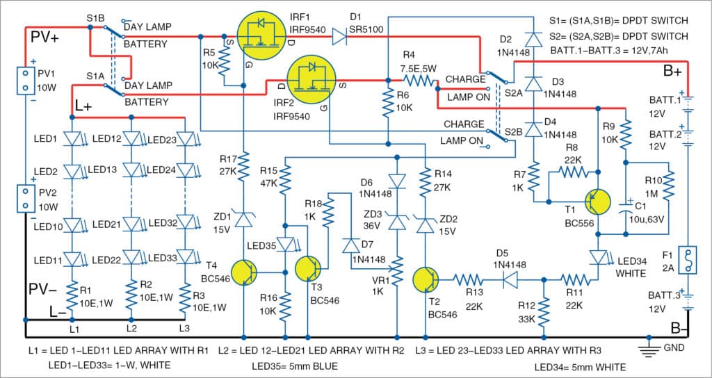 Circuit diagram of solar day lamp with battery backup