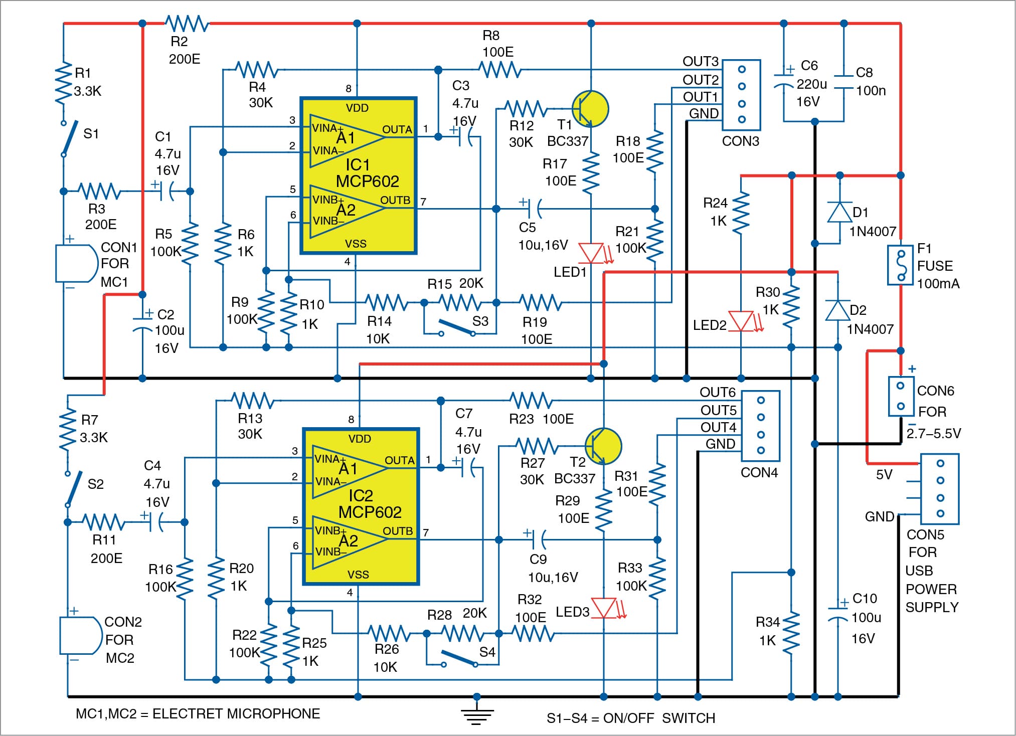 Dual Microphone Preamplifier For ADC, MCU And Arduino