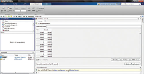 Screenshot of the temperature data stored in MATLAB workspace