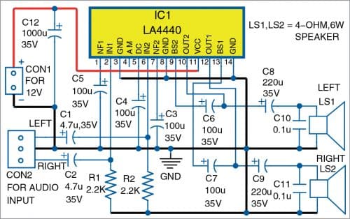 Circuit diagram of the 6W+6W stereo amplifier