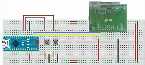 Transmitter circuit wired on a breadboard