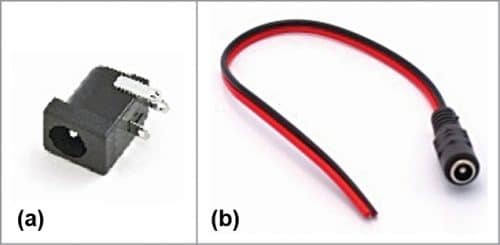 (a) DC jack for PCB, (b) DC socket with wires