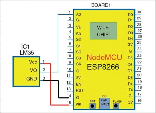 Circuit diagram for interfacing LM35 sensor with NodeMCU