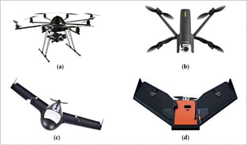Commercial drones used for precision agriculture purposes: (a) 8-rotor MK Okto XL 2 of HiSystems GmbH/Mikrokopter.de, (b) quad-rotor Parrot Anafi, (c) Gatewing X100, and (d) Tuffwing Mapper. P