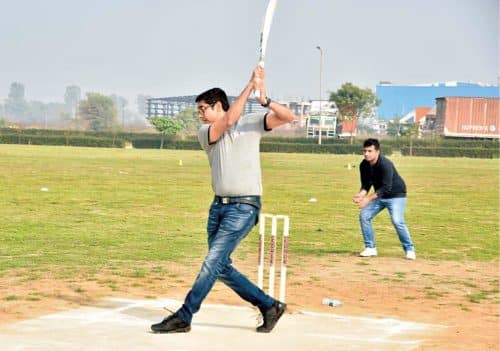 Manish Sharma playing cricket at Panasonic factory in Jhajjar, Haryana