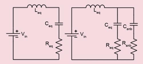 RLC equivalent model (left) and equivalent circuit with snubber circuit (right)