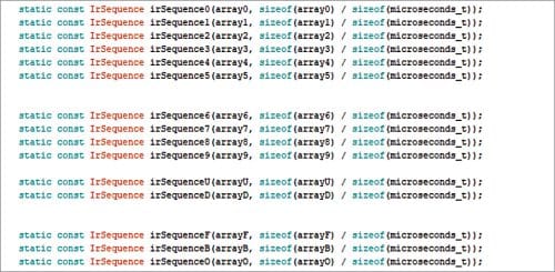 Defining variables to store the IR code array