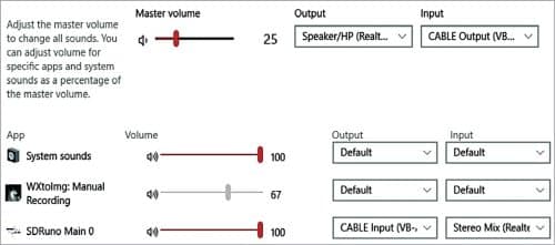 The system sound settings and connections from the receiver output to virtual audio cable