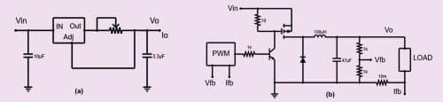 (a) Adjustable voltage regulator IC used as constant current driver, (b) MOSFET switch based regulator for constant current control
