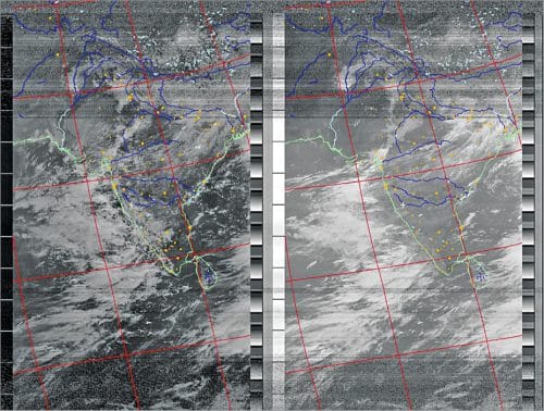 A RAW image successfully received from the satellite showing two channels with graphics overlay after processing