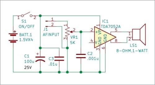 Circuit diagram for 1-Watt Single-Channel Audio Amplifier