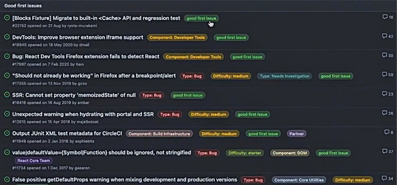 Fig. 2: Screenshot of the GitHub page showing different good first issues (Credit: OSI 2021)