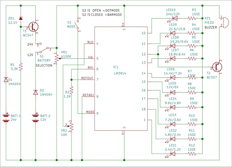 Fig. 3: Circuit diagram of 24V/12V Battery Voltage level indicator