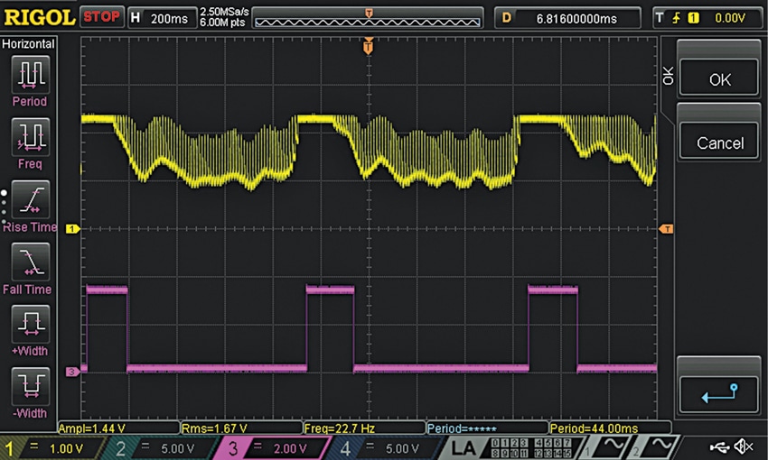 Fig. 5: Analogue (yellow) and digital (pink) output signals of AFE applied to finger (Credit: Dialog Semiconductor, a Renesas company)