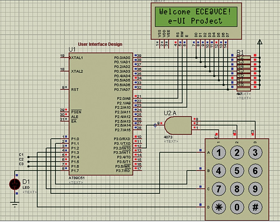 Fig. 9: User interface design with interrupt based matrix keypad using LCD and LED
