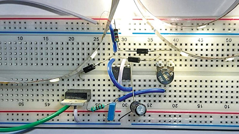 The circuit on a breadboard 